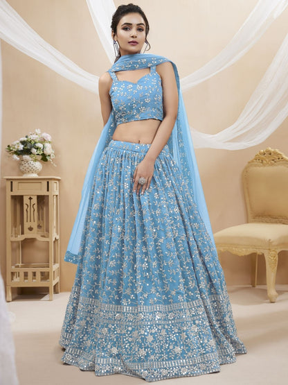 Rajwada Sky Blue Georgette Embroidered Semi-Stitched Lehenga For Women