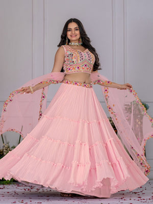 Rajwada Pink Georgette Embroidered Semi-Stitched lehenga For Women