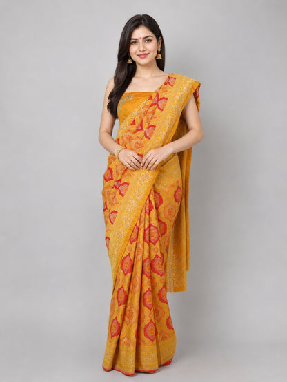 Yellow Banarasi Silk Embellished Saree