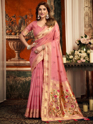 Rajwada Pink Cotton Blend Solid Saree For Women