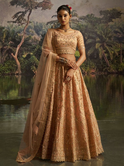 Rajwada Golden Beige Net Embellished Semi-Stitched Lehenga For Women