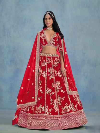 Rajwada Red Art Silk Embroidered Semi-Stitched lehenga For Women