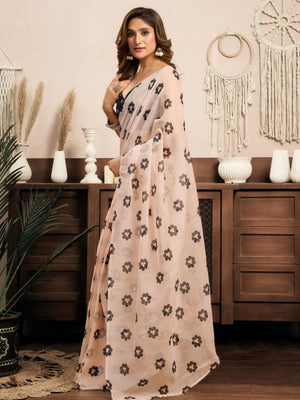 Rajwada Cream Cotton Linen Zari Work Saree For Women