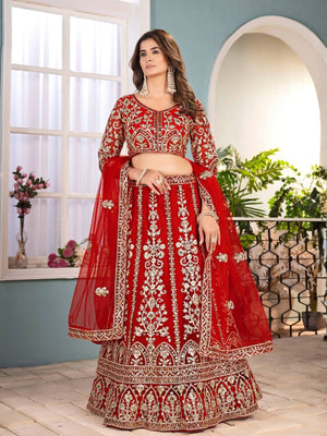 Rajwada Red Net Sequence Embroidered Semi-Stitched Lehenga For Women