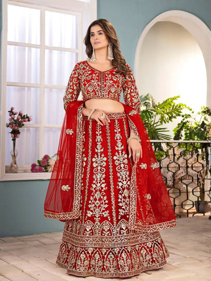Rajwada Red Net Sequence Embroidered Semi-Stitched Lehenga For Women
