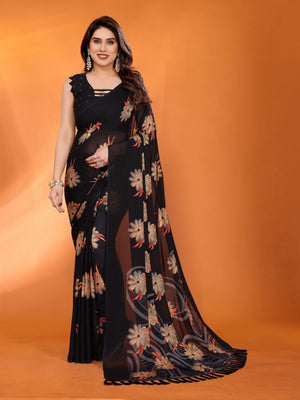 Rajwada Black Silk Blend Floral Print Saree For Women