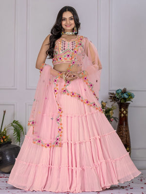 Rajwada Pink Georgette Embroidered Semi-Stitched lehenga For Women