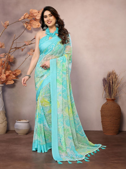 Rajwada Aqua Blue Georgette Printed Saree For Women