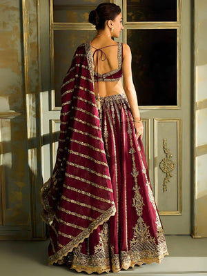 Rajwada Maroon Silk Blend Embroidered Semi-Stitched Lehenga For Women