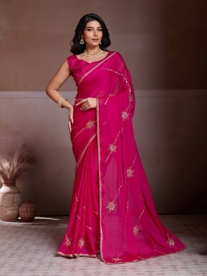 Rajwada Pink Silk Blend Embroidered Saree For Women