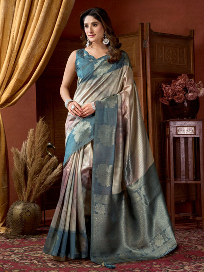 Rajwada Teal Blue And Grey Silk Blend Printed Saree For Women