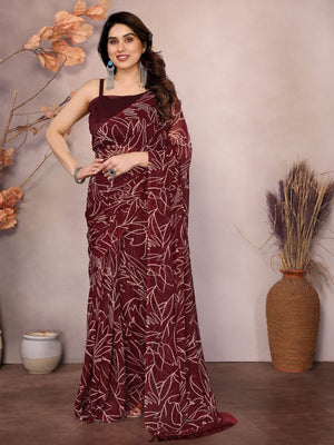 Rajwada Maroon Georgette Printed Saree With Unstitched Blouse For Women