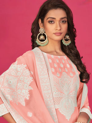 Rajwada Peach Organza Embroidered Semi-Stitched Kurta Set For Women
