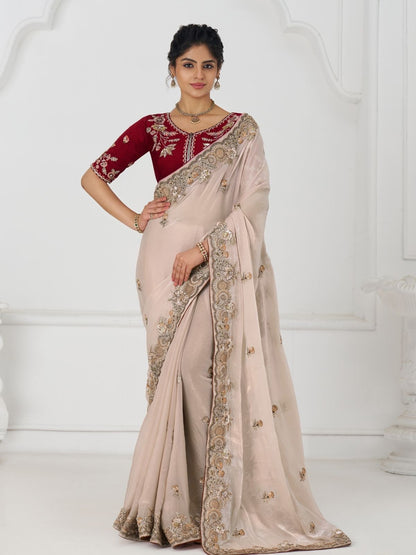 Rajwada Off White Viscose Silk Embroidered Saree For Women