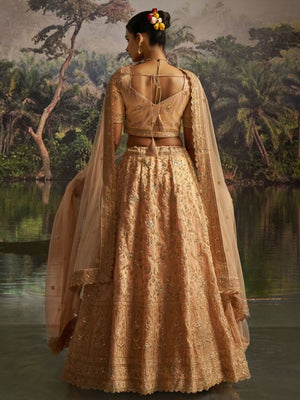 Rajwada Golden Beige Net Embellished Semi-Stitched Lehenga For Women