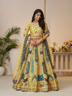 Rajwada Yellow Soft Net Embroidered Semi-Stitched Lehenga For Women