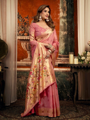 Rajwada Pink Cotton Blend Solid Saree For Women