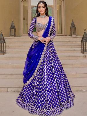 Rajwada Royal Blue Georgette Embellished Semi Stitched Lehenga For Women