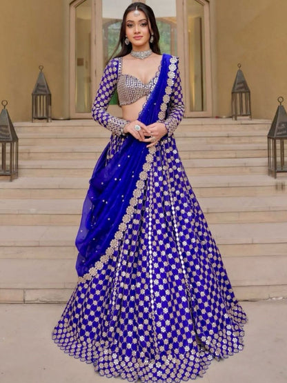 Rajwada Royal Blue Georgette Embellished Semi Stitched Lehenga For Women