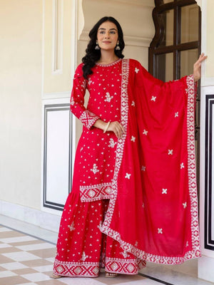 Rajwada Red Chiffon Embroidered Stitched Kurta Set For Women