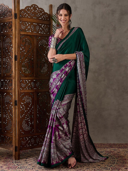 Rajwada Green And Purple Silk Blend Printed Elegant Saree For Women
