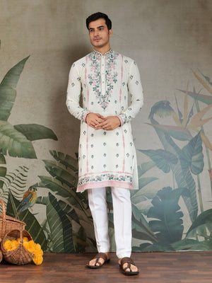 Rajwada White Viscose Silk Embroidered Stitched Kurta For Men