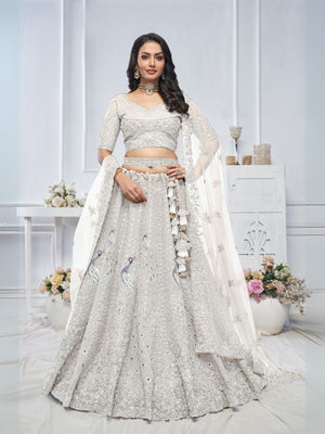 Rajwada White Soft Net Embellished Semi-Stitched Lehenga With Unstitched Blouse For Women