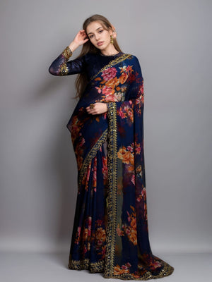 Rajwada Blue Georgette Printed Saree For Women