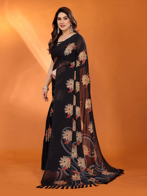 Rajwada Black Silk Blend Floral Print Saree For Women