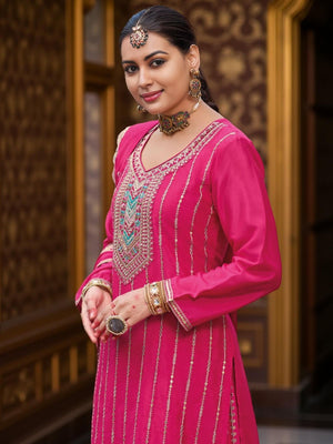 Rajwada Pink Chinon Embroidered Stitched Kurta Set For Women
