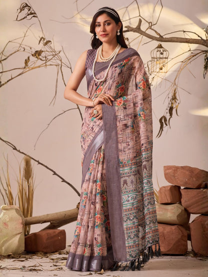 Rajwada Grey Linen Cotton Printed Saree For Women
