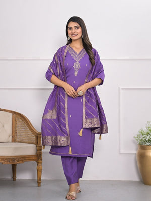 Rajwada Purple Silk Blend Embroidered Stitched Kurta Set For Women