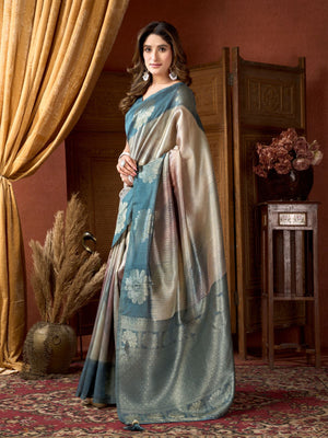 Rajwada Teal Blue And Grey Silk Blend Printed Saree For Women