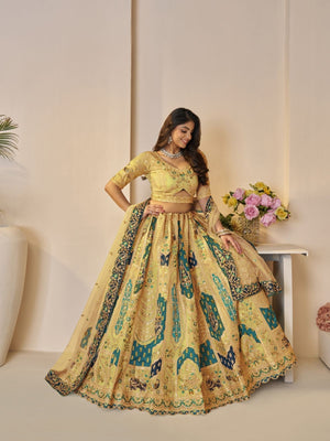 Rajwada Yellow Soft Net Embroidered Semi-Stitched Lehenga For Women