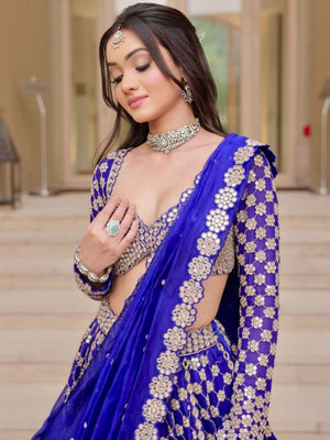 Rajwada Royal Blue Georgette Embellished Semi Stitched Lehenga For Women