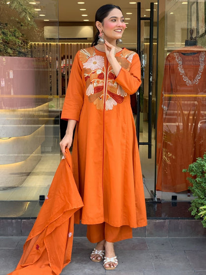 Rajwada Orange Chanderi Embriodered Stitched Kurta Set For Women