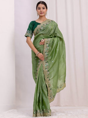 Rajwada Olive Silk Blend Embroidered Solid Saree For Women