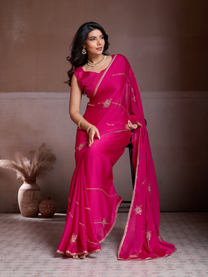 Rajwada Pink Silk Blend Embroidered Saree For Women