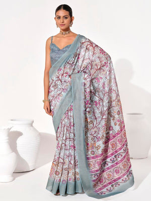 Rajwada Off White Cotton Linen Solid Printed Saree For Women
