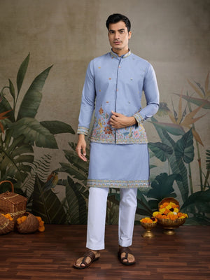 Rajwada Sky Blue Cotton Blend Embroidered Stitched Kurta For Men