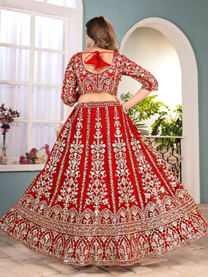 Rajwada Red Net Sequence Embroidered Semi-Stitched Lehenga For Women
