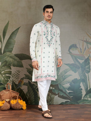 Rajwada White Viscose Silk Embroidered Stitched Kurta For Men