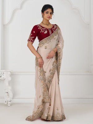 Rajwada Off White Viscose Silk Embroidered Saree For Women