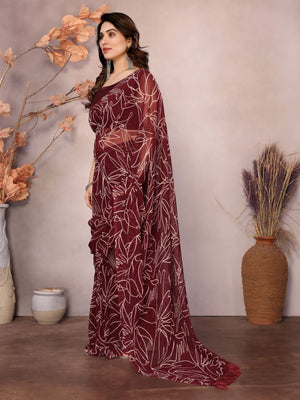 Rajwada Maroon Georgette Printed Saree With Unstitched Blouse For Women