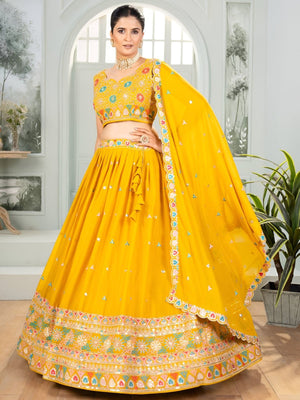Rajwada Yellow Georgette Embroidered Semi-Stitched lehenga For Women