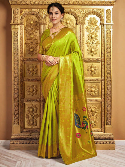 Rajwada Lime Green Silk Blend Woven Pithani Saree For Women
