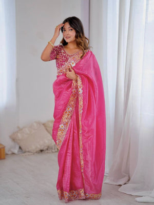 Rajwada Pink Silk Blend Solid Saree For Women