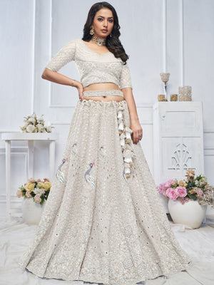 Rajwada White Soft Net Embellished Semi-Stitched Lehenga With Unstitched Blouse For Women