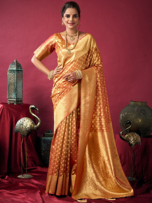 Rajwada Orange Silk Blend Solid Saree For Women