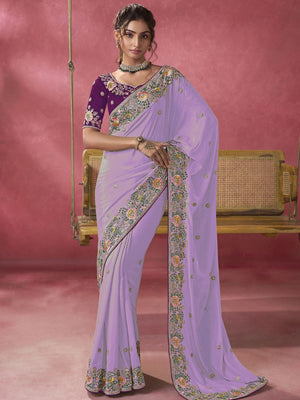 Rajwada Lavender Georgette Embroidered Elegant Saree For Women